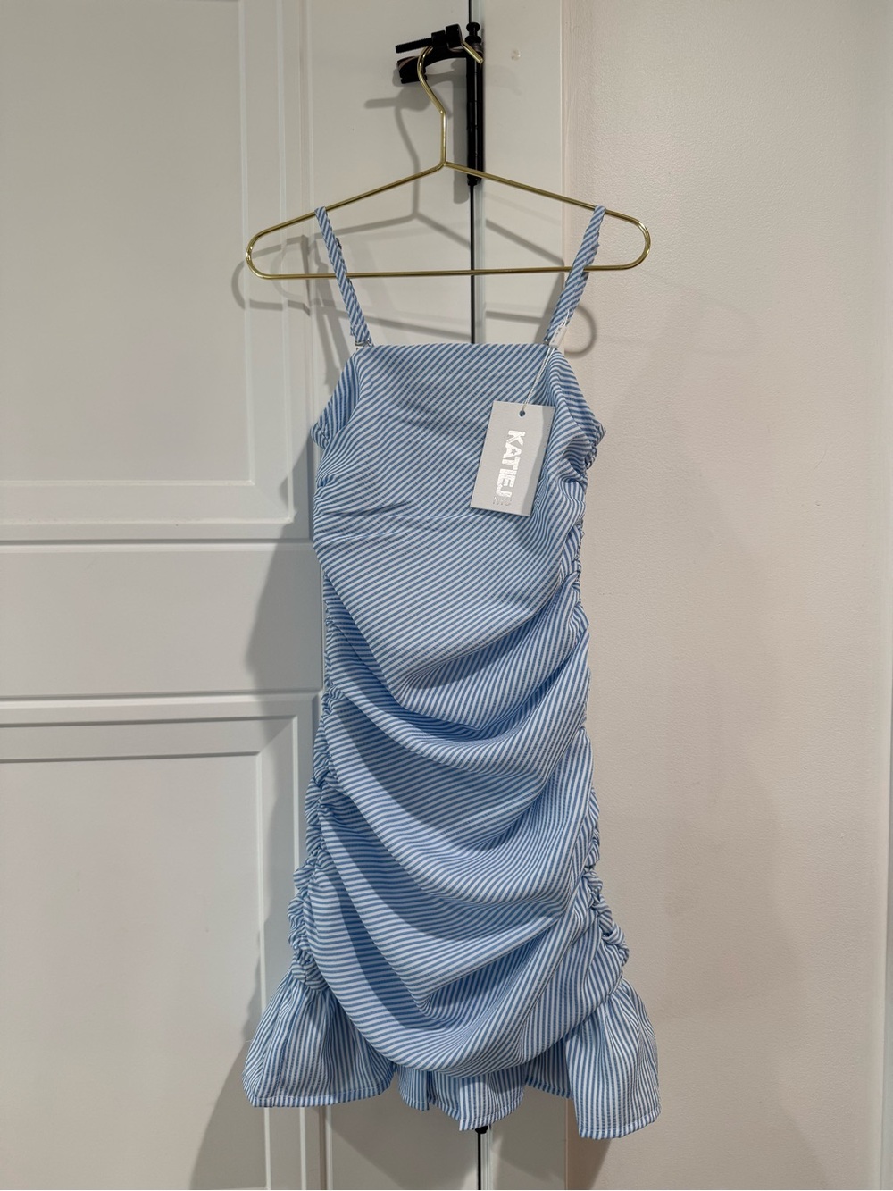 Katie J NYC Light Blue and White Striped Ruched Midi Dress